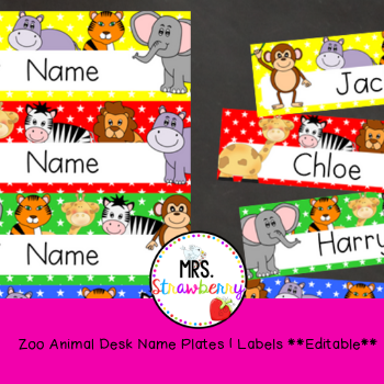 Zoo Animal Desk Name Plates Labels Editable Mrs Strawberry