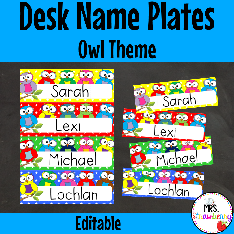 Owl Desk Name Plate Labels Editable Mrs Strawberry
